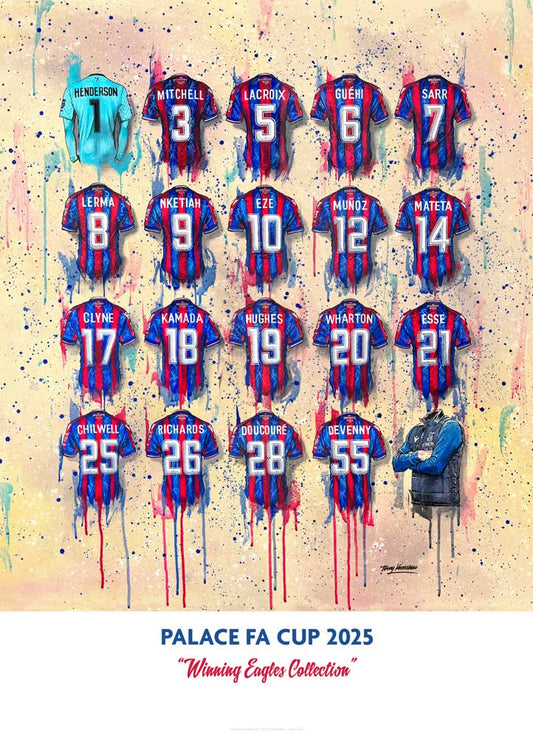 Limited edition Crystal Palace FA Cup winners print by Terry Kneeshaw, featuring Eagles shirt art and signed details.