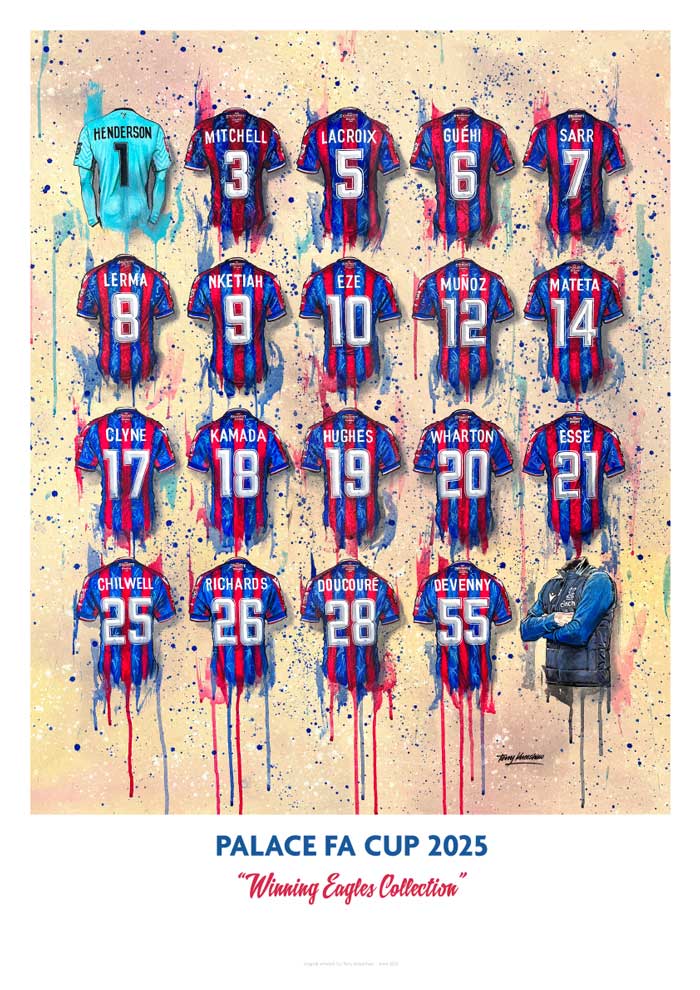 Limited edition Crystal Palace FC A3 print of Eagles wall art by Terry Kneeshaw Art, featuring team imagery and vibrant colors.