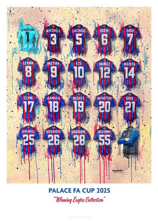Limited edition Crystal Palace FC A3 print of Eagles wall art by Terry Kneeshaw Art, featuring team imagery and vibrant colors.