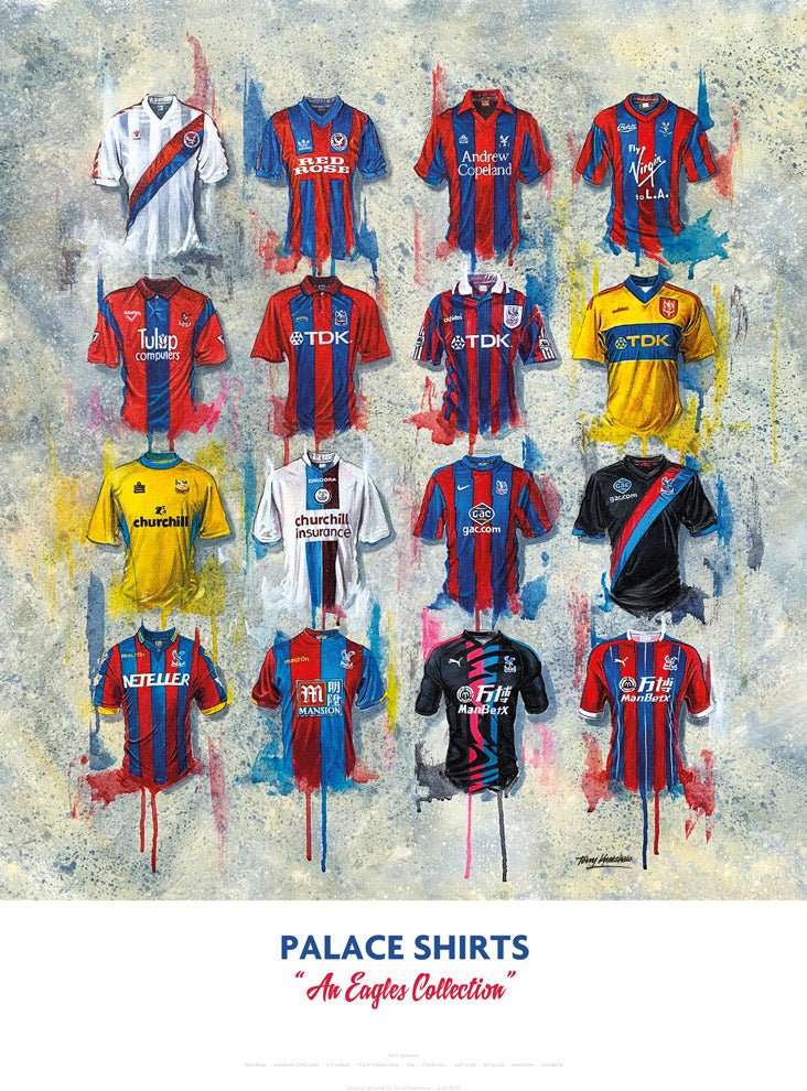 Limited edition signed print of Crystal Palace FC shirts by Terry Kneeshaw Art, showcasing detailed artwork of iconic football jerseys.