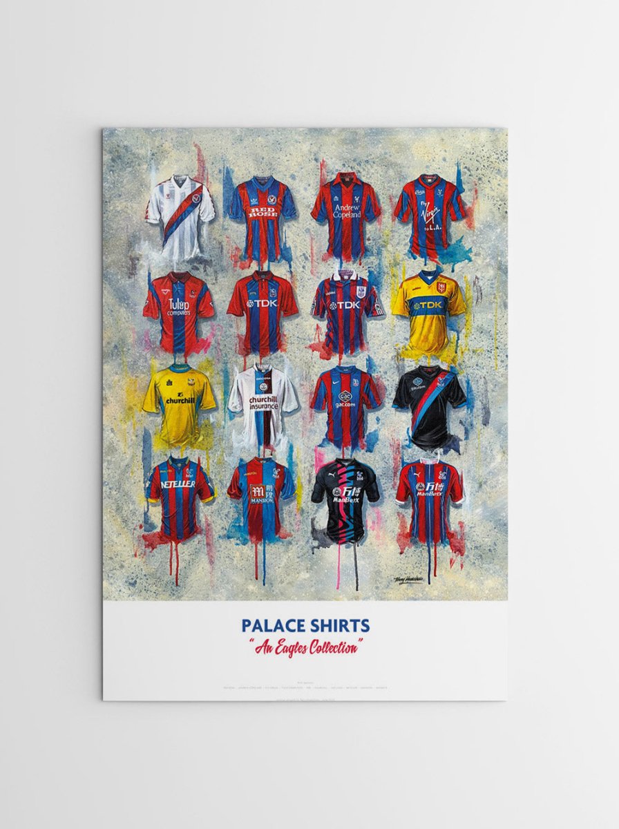 Limited edition signed print by Terry Kneeshaw Art featuring Crystal Palace FC shirts, A2 size, collectible football memorabilia.