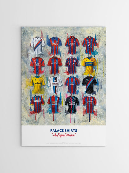 Limited edition signed print by Terry Kneeshaw Art featuring Crystal Palace FC shirts, A2 size, collectible football memorabilia.