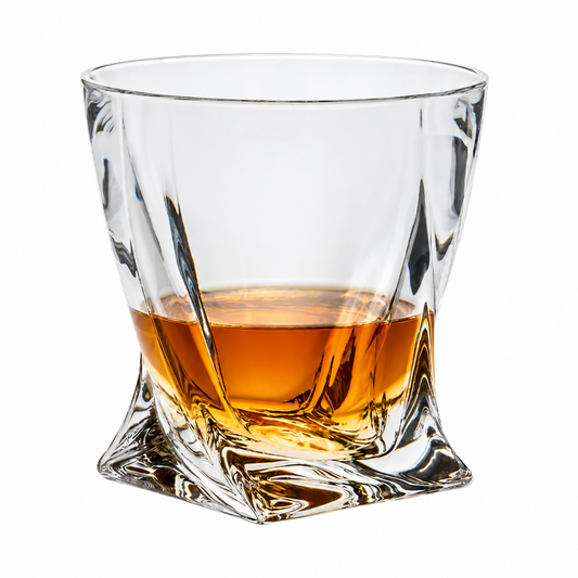 Apex Twist Crystalite whisky tumbler filled with whisky, 340ml capacity, clear glass with a twisted design, by Glassware UK.