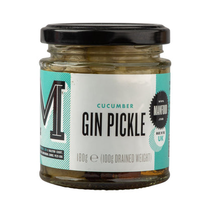 Manfood cucumber gin pickle, a jar of crunchy pickles made with fresh cucumber and gin flavoring, ready to enjoy.