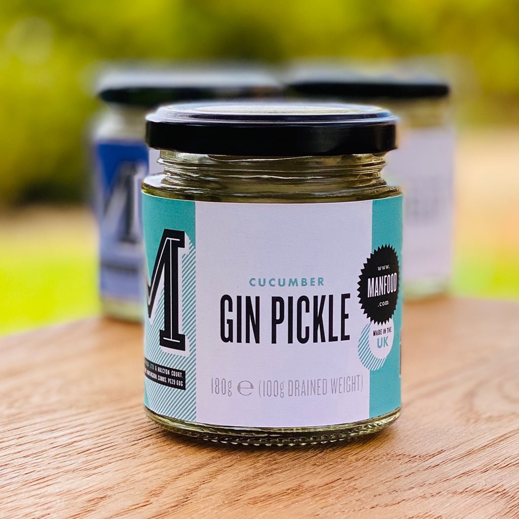 Cucumber Gin Pickle by Manfood, a crunchy pickle flavored with cucumber and gin essence, displayed in a clear jar.