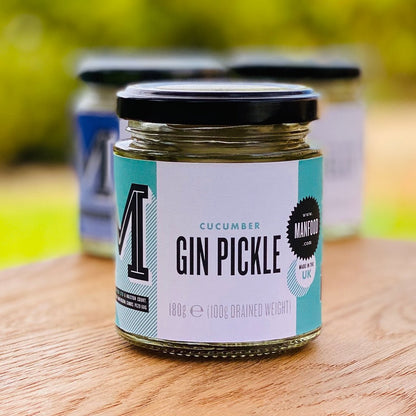 Cucumber Gin Pickle by Manfood, a crunchy pickle flavored with cucumber and gin essence, displayed in a clear jar.