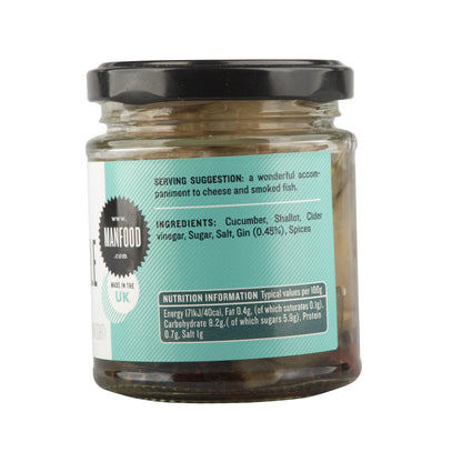 Manfood cucumber gin pickle in a jar, showcasing fresh cucumber slices infused with gin flavor, ready for snacking or garnishing.