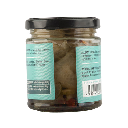 Manfood Cucumber Gin Pickle in a jar, showcasing fresh cucumber slices infused with gin flavor, ready for snacking or garnishing.