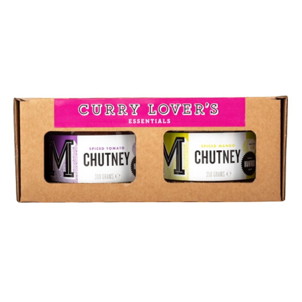 Manfood Curry Lover's Chutney Essentials Gift Set in a decorative gift box, featuring various chutneys for curry dishes.