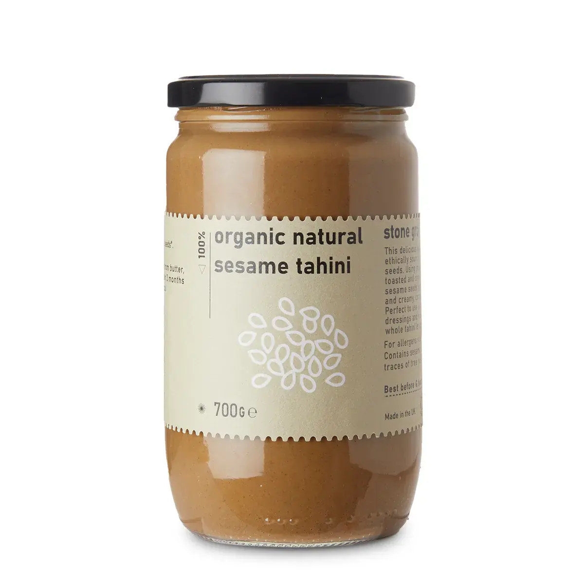 Organic natural sesame tahini dip from Whole Food Earth, showcasing a creamy, smooth spread in a jar.