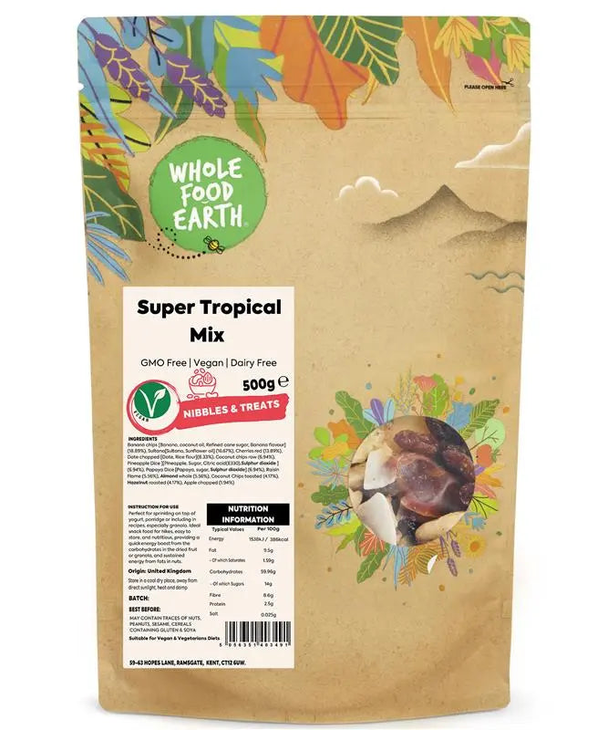 Whole Food Earth Super Tropical Mix cereal box with colorful tropical fruit illustrations on the front.