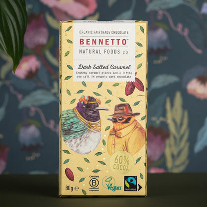 Dark salted caramel chocolate from Bennetto Natural Foods UK with rich caramel and sea salt in a smooth, dark chocolate bar.
