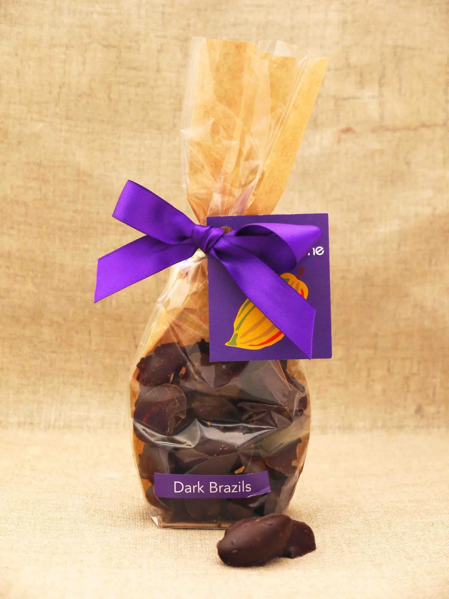 Bag of Gorvett & Stone dark chocolate-covered Brazils, rich nuts coated in 70% dark chocolate.