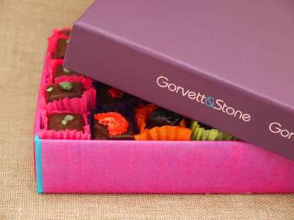 Gorvett & Stone dark chocolate selection box featuring assorted gourmet chocolates in a stylish gift box