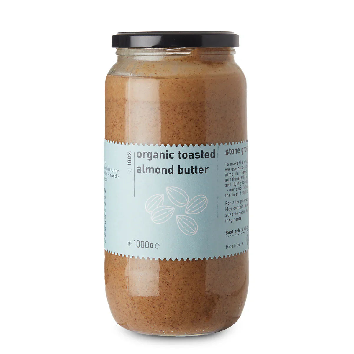 Organic toasted almond butter jar from Whole Food Earth with a natural nut butter spread and almond pieces visible inside.