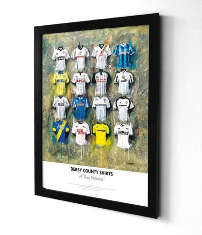 Limited edition A2 signed print of Derby County FC shirts by Terry Kneeshaw Art, showcasing vintage football memorabilia.