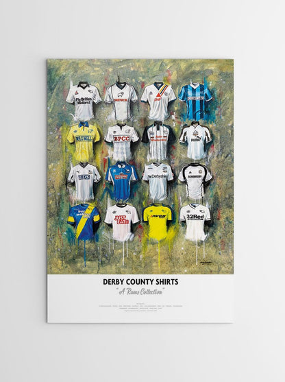 Limited edition signed print of Derby County FC shirts by Terry Kneeshaw Art, featuring detailed artwork and authentic signatures.