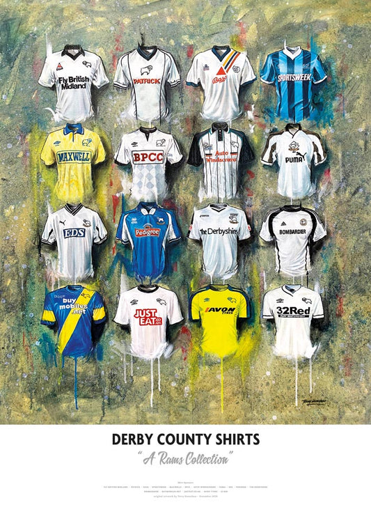 Limited edition A2 signed print of Derby County FC shirts by Terry Kneeshaw Art, featuring detailed artwork of historic team jerseys.