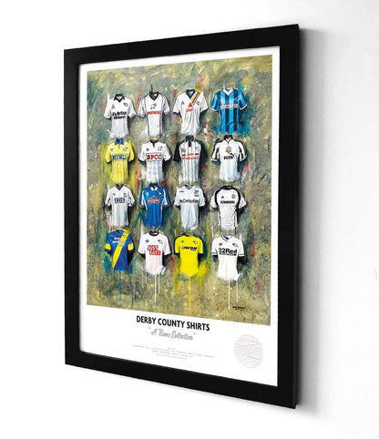Limited edition Derby County A3 framed print featuring iconic Rams shirt wall art by Terry Kneeshaw Art.