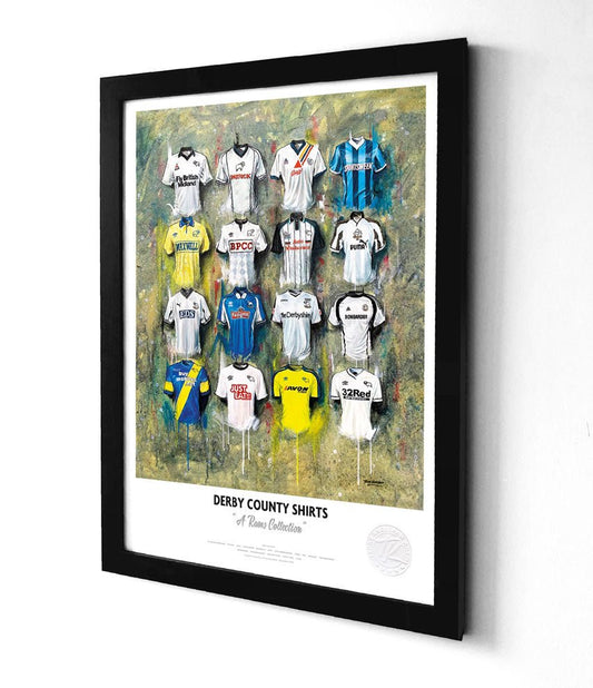 Limited edition Derby County A3 framed print featuring iconic Rams shirt wall art by Terry Kneeshaw Art.