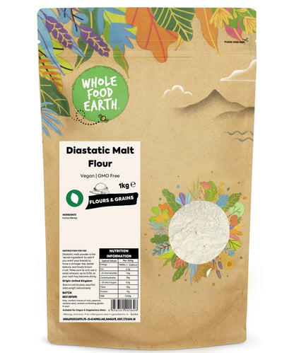 Bag of Whole Food Earth diastatic malt flour for baking, showing the flour in a clear package with a label on a wooden surface