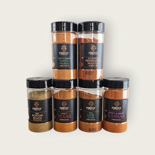 FireFly Barbecue American BBQ Rub gift set with six jars, featuring a variety of smoky, savory seasonings for grilling.