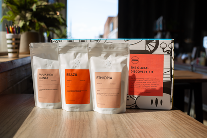 Small Batch Coffee The Global Discovery Kit with single origin coffee tasting set featuring a discovery box with assorted coffee samples.