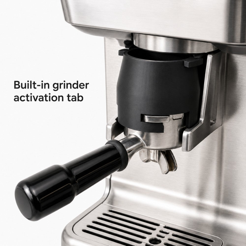 KNOCDIC® 54mm dosing funnel with grinder activation tab for Sage and Breville espresso machines, designed for precise coffee dosing.