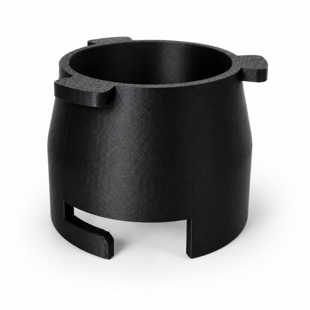 KNOCDIC® 54mm dosing funnel with grinder activation tab for Sage and Breville espresso machines, metal construction, ergonomic design.