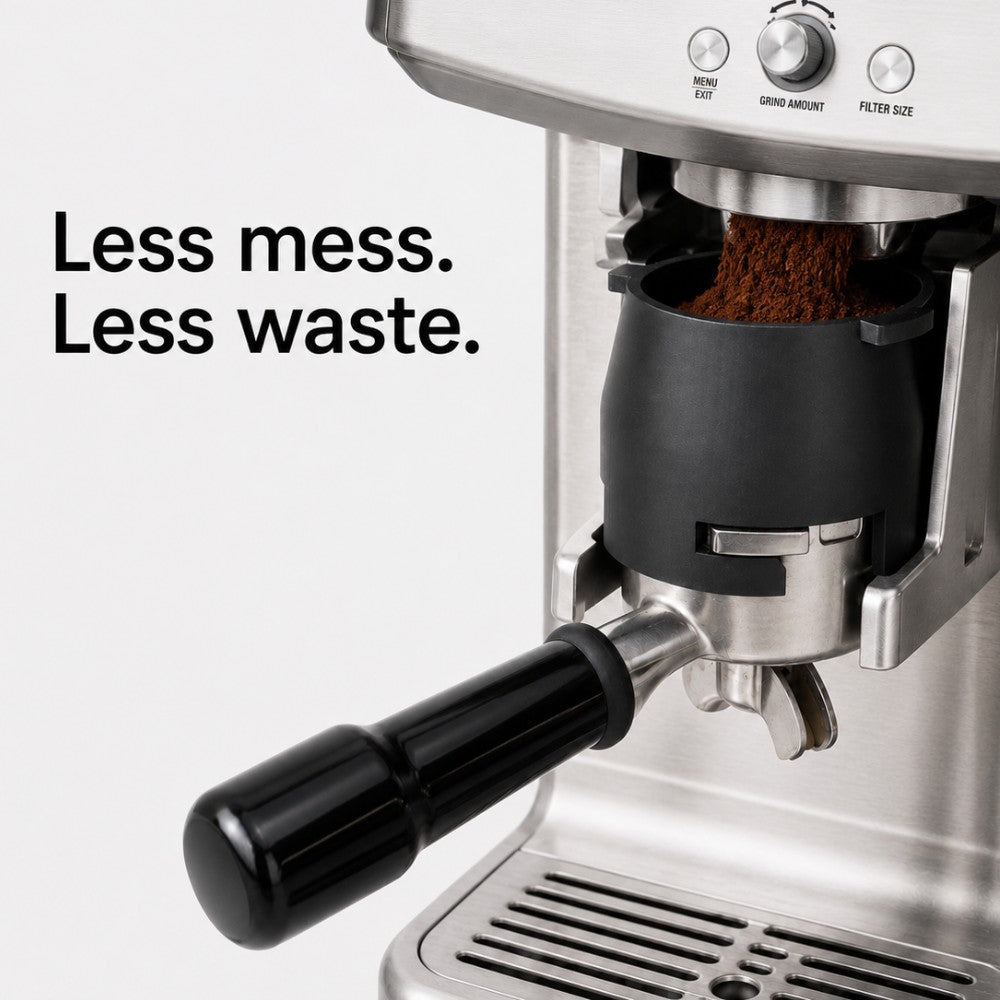 KNOCDIC® 54mm dosing funnel with grinder activation tab for Sage and Breville espresso machines, designed for mess-free coffee grinding.