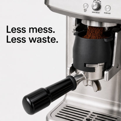 KNOCDIC® 54mm dosing funnel with grinder activation tab for Sage and Breville espresso machines, designed for mess-free coffee grinding.