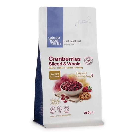 Dried Whole and Sliced Cranberries by Whole Food Earth, fresh and vibrant dried fruit for snacking or baking.