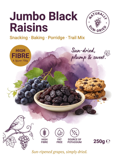 Jumbo black raisins from Whole Food Earth, dried fruit with plump, glossy black grapes in a clear container.