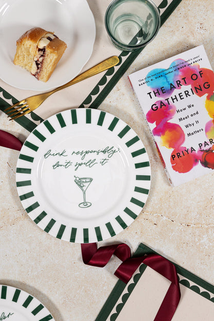Avalon Home UK ceramic bone china plate with "Drink Responsibly, Don't Spill" message, decorated with a cake illustration.