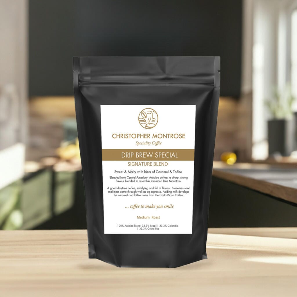 Arabica Coffee Beans from Christopher Montrose Coffee, drip brew special in a kitchen scene with a coffee pot and mugs.