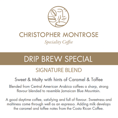 Christopher Montrose Coffee Drip Brew Special Arabica Coffee Beans label showing product branding and packaging details