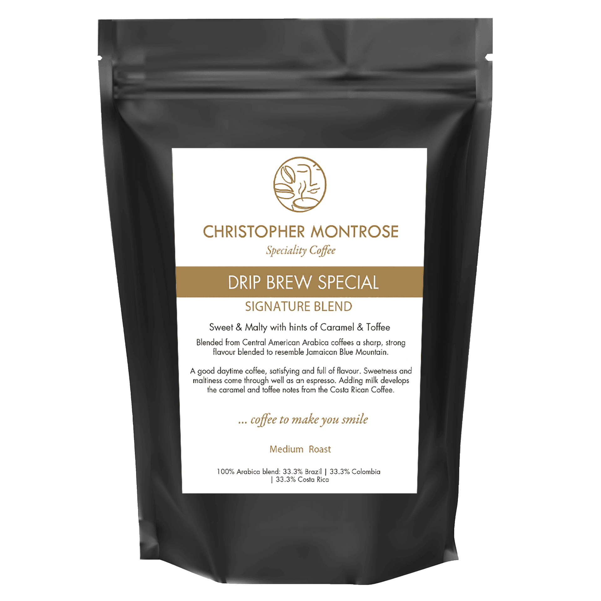 Christopher Montrose Coffee Arabica coffee beans for drip brew, shown in transparent packaging with fresh, roasted beans visible.