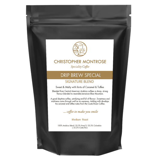 Christopher Montrose Coffee Arabica coffee beans for drip brew, shown in transparent packaging with fresh, roasted beans visible.