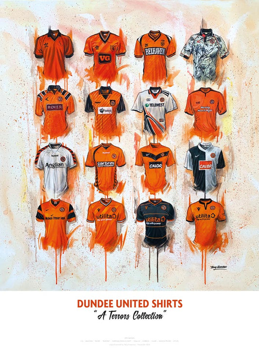 Limited edition A2 signed print of Dundee United FC shirts by Terry Kneeshaw Art, featuring detailed artwork of the jerseys.