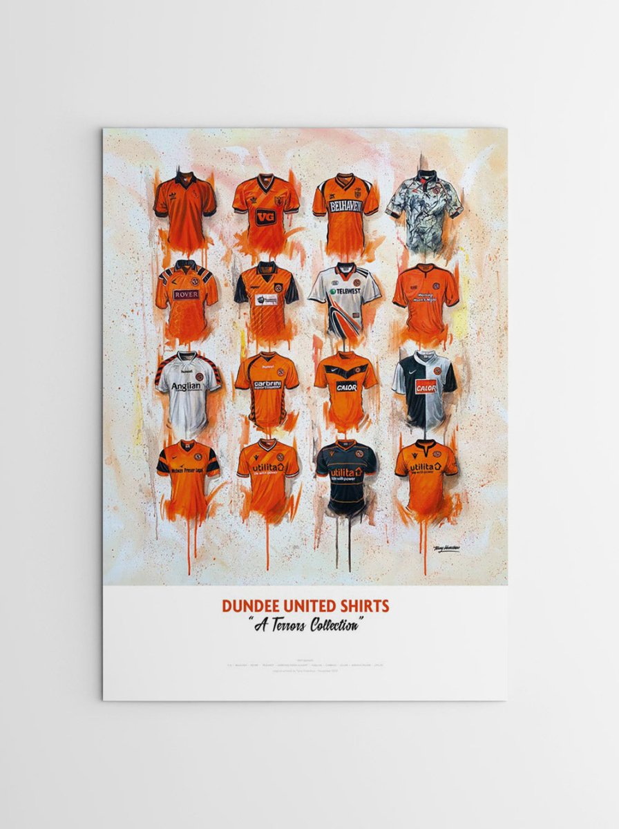 A2 limited edition signed print of Dundee United FC shirts by Terry Kneeshaw Art, featuring detailed artwork of the jerseys.