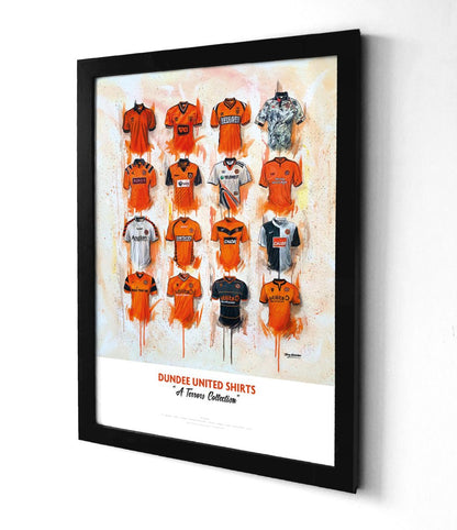 A2 limited edition signed print of Dundee United FC shirts by Terry Kneeshaw Art, showcasing detailed artwork of football jerseys.