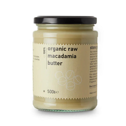 Organic raw macadamia butter from Whole Food Earth, creamy nut butter in a jar, made from raw macadamia nuts.