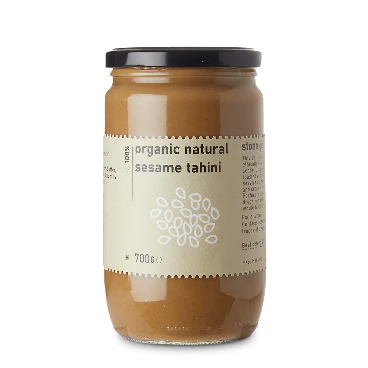 Organic Natural Sesame Tahini spread from Whole Food Earth, showcasing the creamy, nutty paste in a jar.