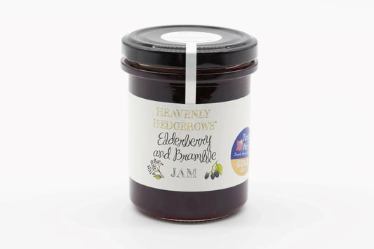 Heavenly Hedgerows Elderberry & Bramble Jam jar with a rustic label, showcasing the rich, dark berry preserves ready to spread