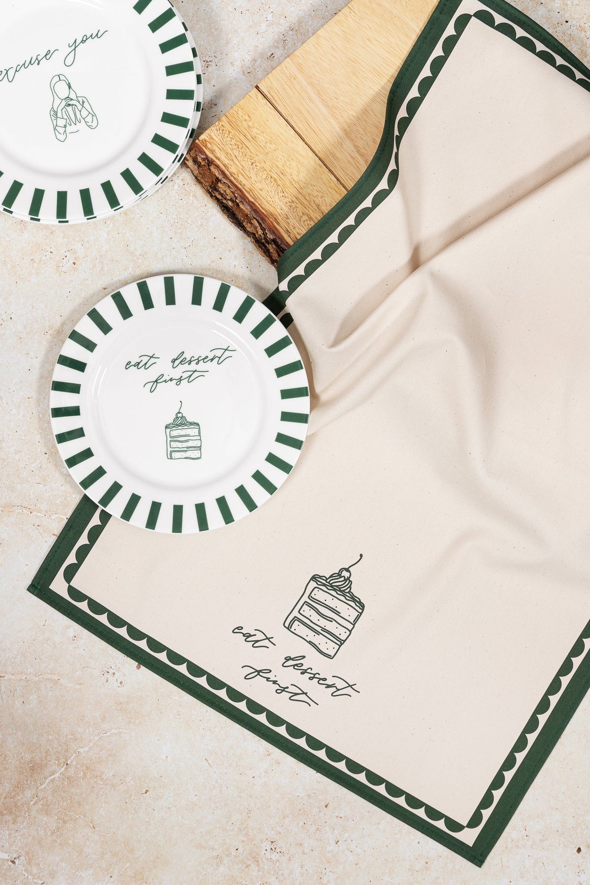 Eat Dessert First tea towel from Avalon Home UK featuring a playful dessert-themed design and vibrant colors.