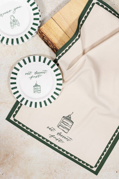 Eat Dessert First tea towel from Avalon Home UK featuring a playful dessert-themed design and vibrant colors.