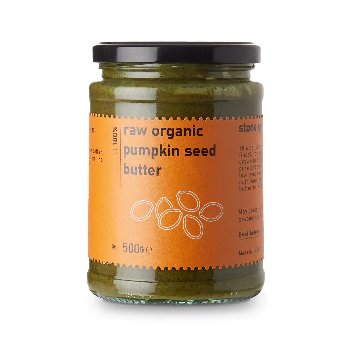 Creamy raw organic pumpkin seed butter from Whole Food Earth, ideal for dips and spreads, shown in a jar with a smooth texture.