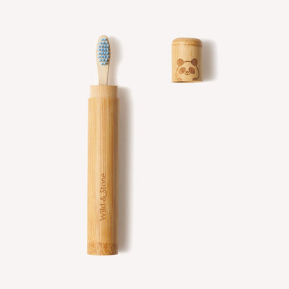 Children's bamboo toothbrush travel holder by Wild and Stone, designed for storing bamboo toothbrushes securely on the go.