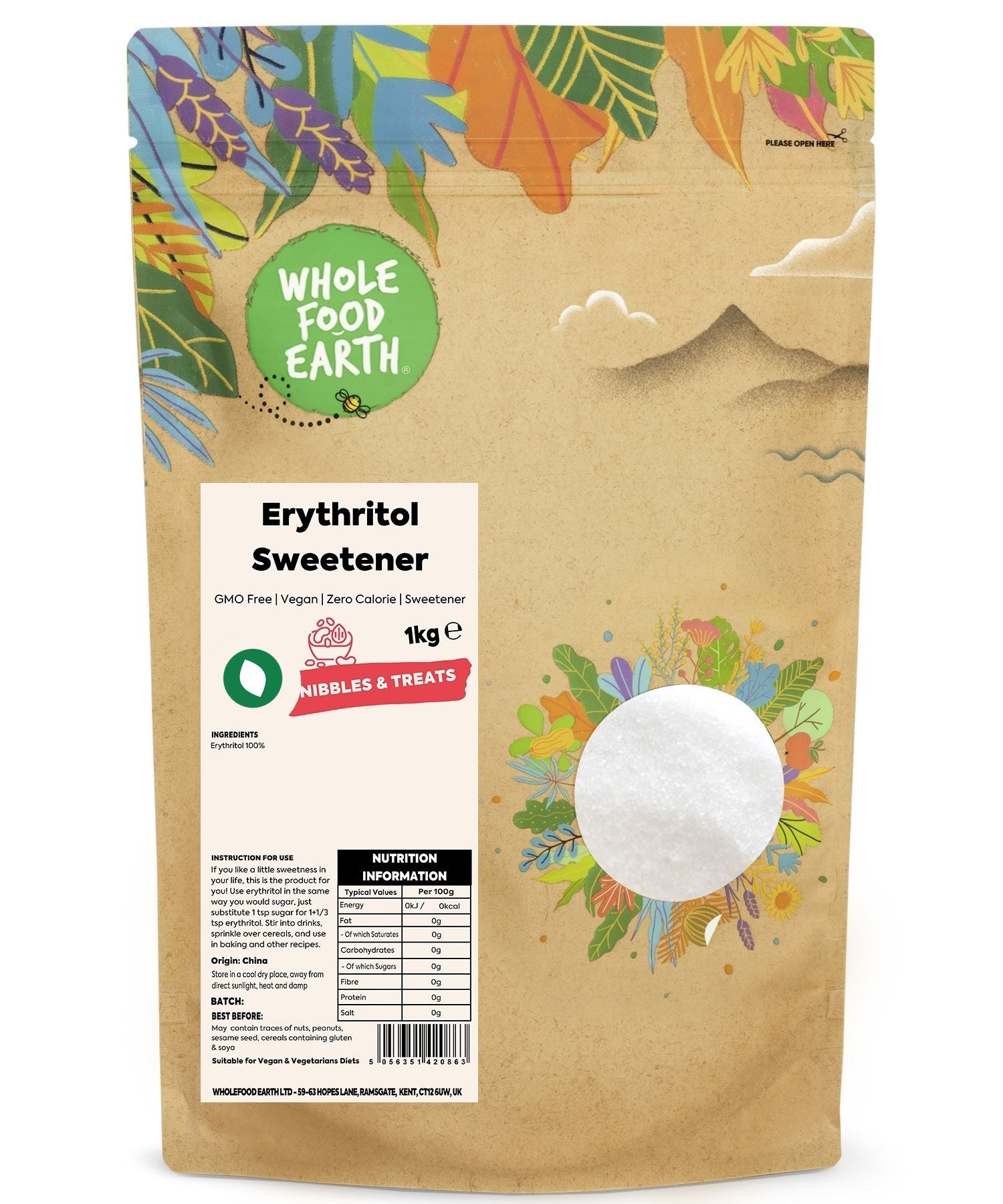 Granulated erythritol sweetener from Whole Food Earth, a natural sugar substitute in a resealable bag.