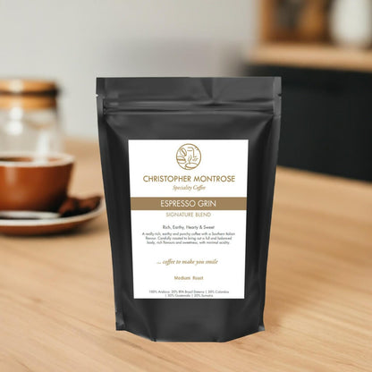 Christopher Montrose Coffee Arabica Espresso Grin coffee beans in a kitchen scene, showcasing fresh coffee beans in a natural setting.